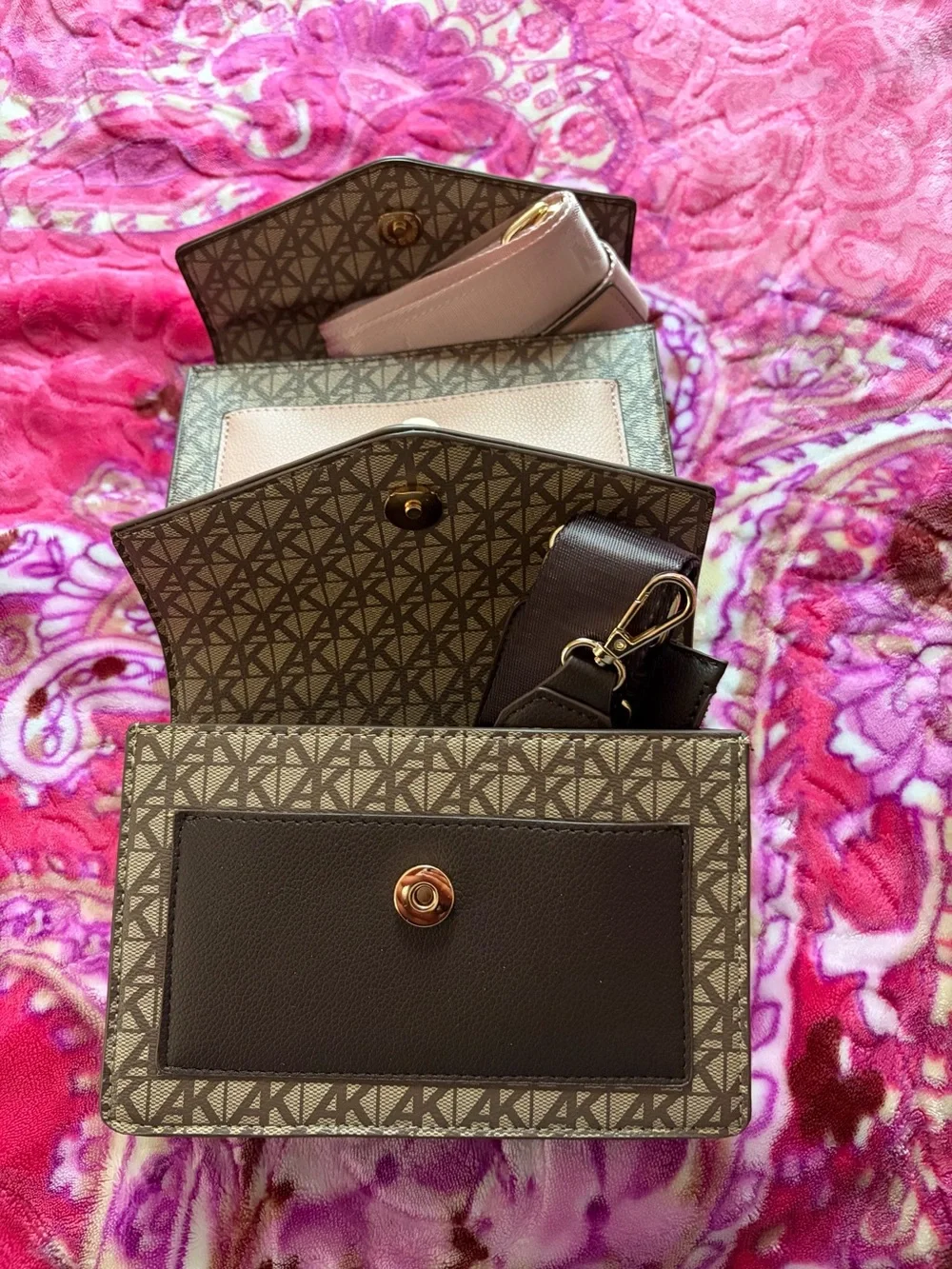 Signature Monogram Envelope Crossbody - Pink & Brown Anne Klein crossbody bag